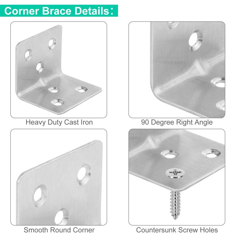 AKOLAFE 64Pcs Stainless Steel Corner Brace, 1.5â€x1.2â€ Small Corner Brackets, Heavy Duty 90 Degree Internal Angle Brackets, L Shape Bracket Joint Fastener for Wood Furniture Board Window Cabinet Table - Image 3
